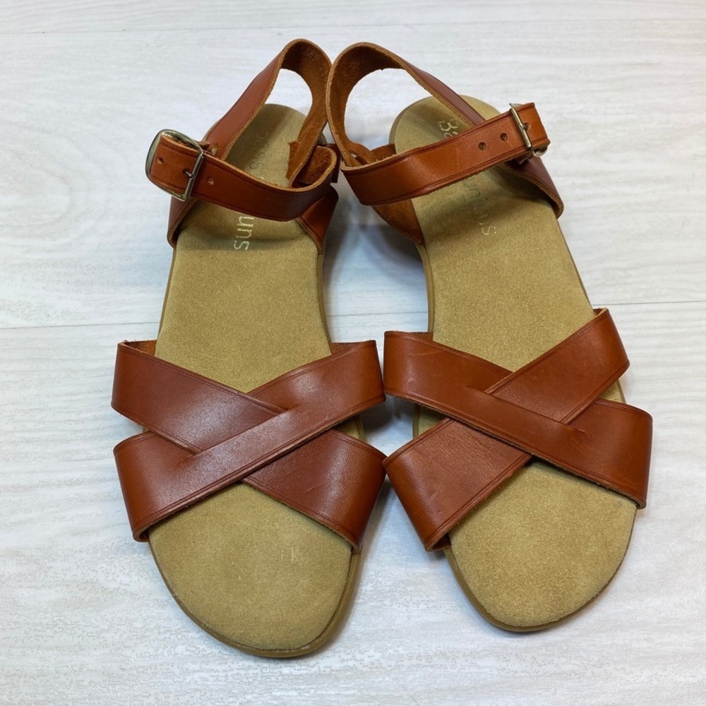 Bass Womens 10 Sunjuns Sandals Strappy Brown Leather Comfort Buckle Casual Flat